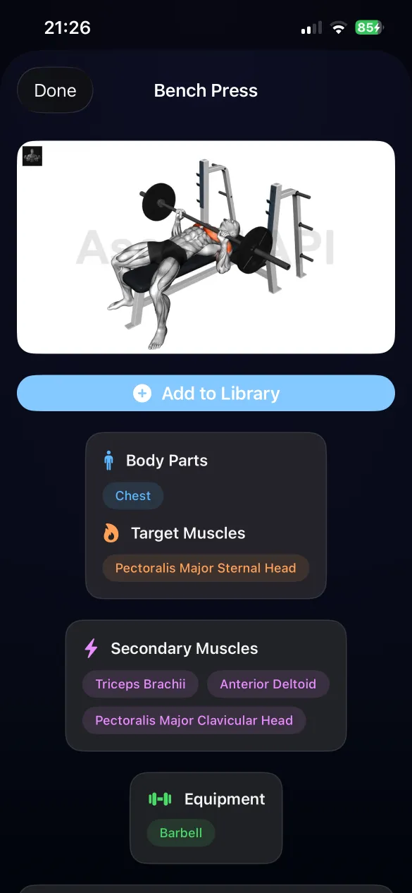 Exercise details with body parts and target muscles