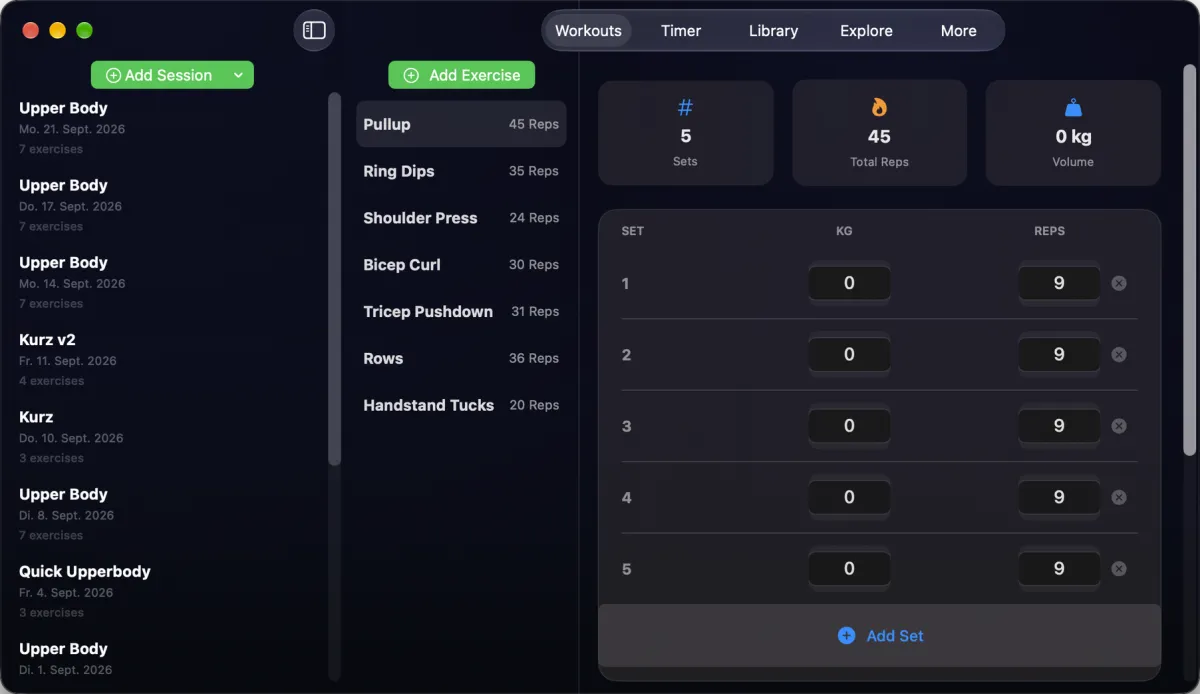 Plain Reps on Mac with sessions, exercises and sets side by side